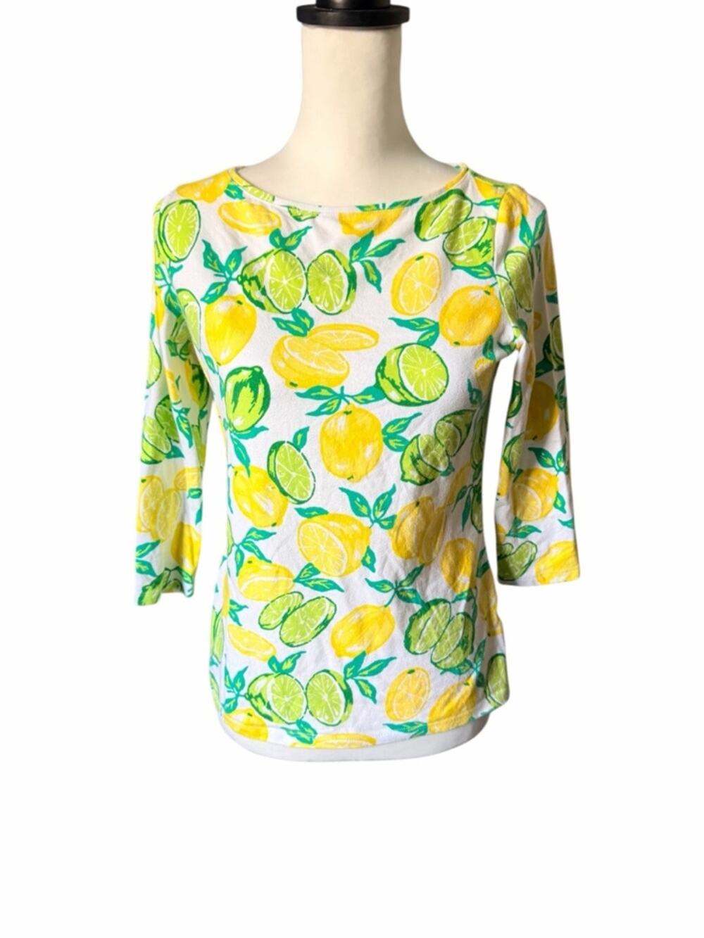 Talbots Lemon & Lime Print 3/4 Sleeve Top Petite Small